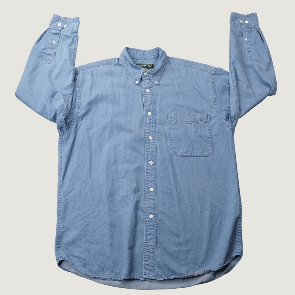 Saratoga Denim Shirt Button Down Size L Blue 100% Cotton Authentic Sportswear